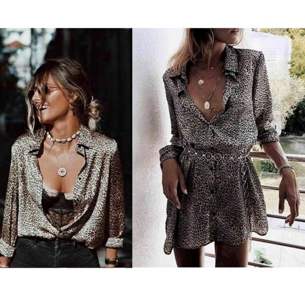 Zara TRF Leopard Animal Print Long Shirt Tunic Satin Mini Dress - Blogger Medium